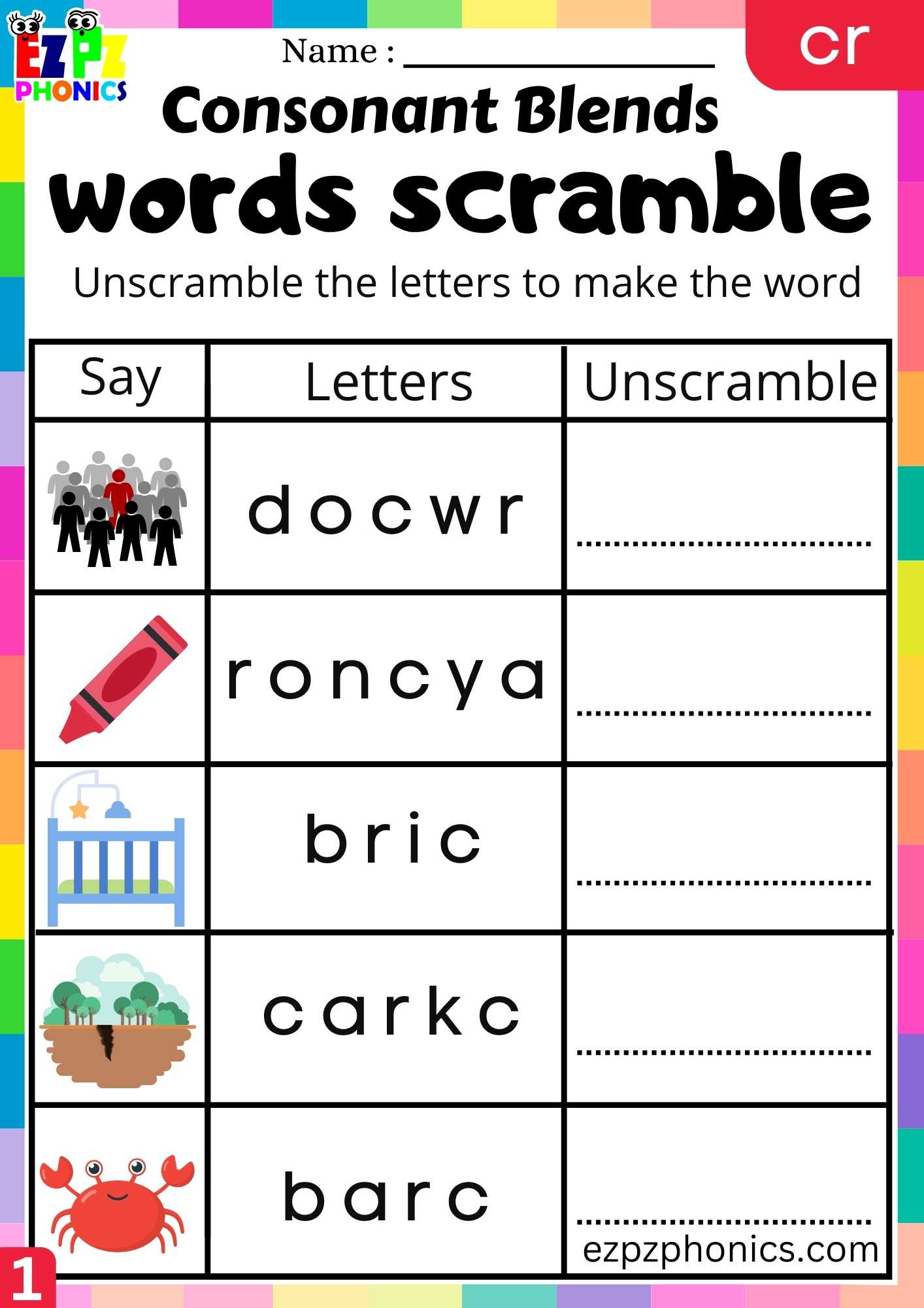 Group1 CR Words Words Scramble Phonics Consonant Blends Worksheet